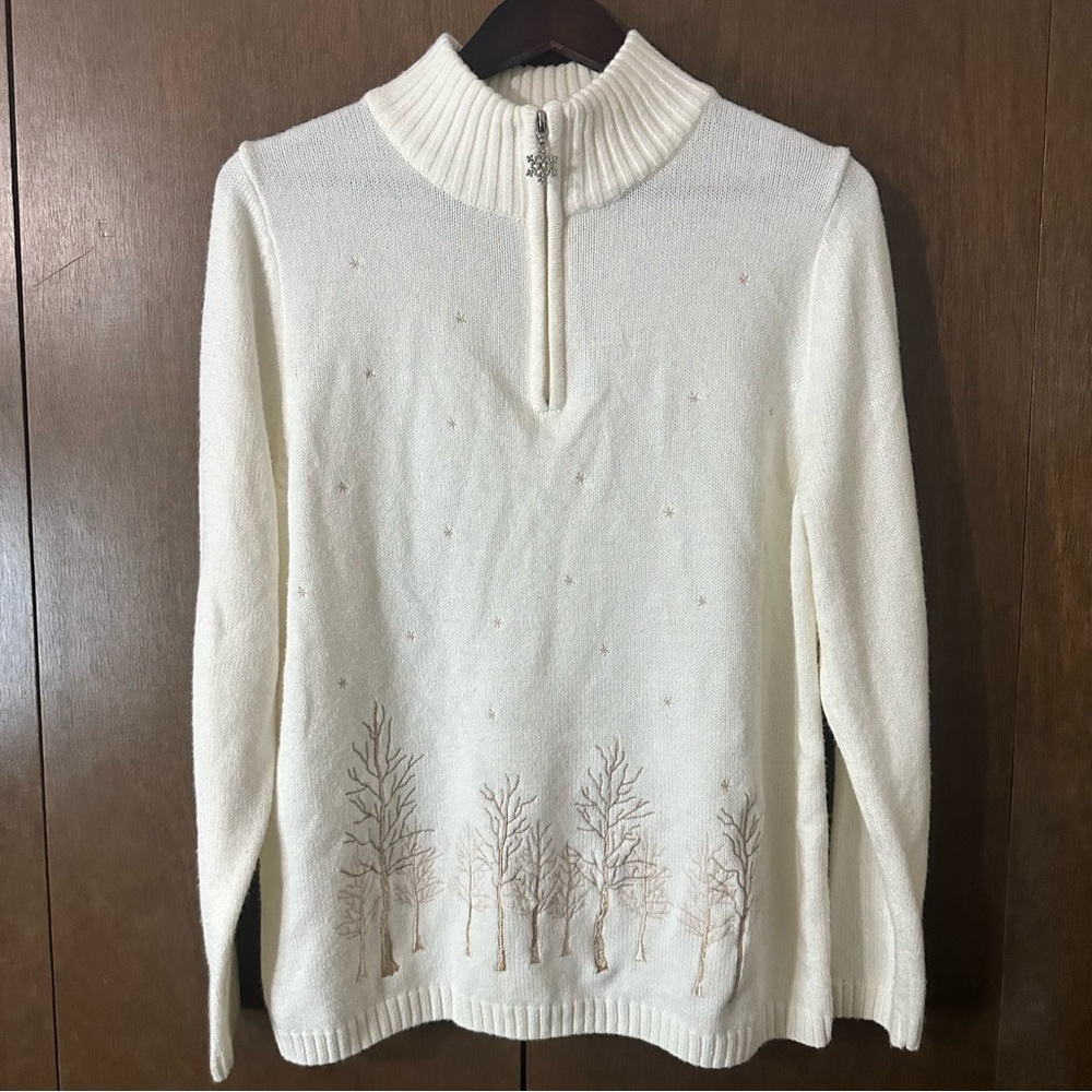 Carroll Reed Women's White Acrylic Tree Snowflakes Embroidered Sweater Sz XL - Picture 2 of 11